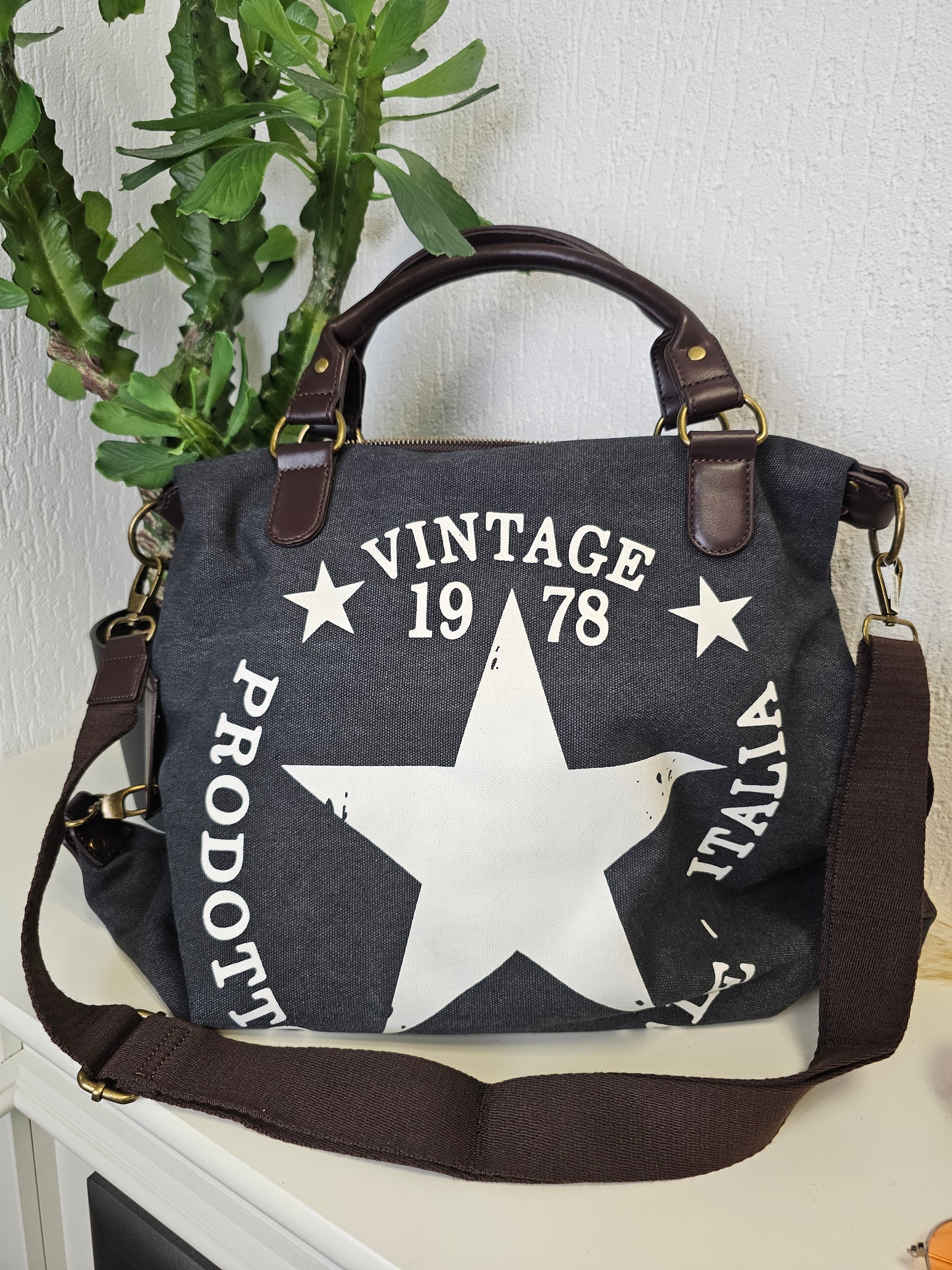 Tasche Canvastasche Vintage in Grafit Farben mit weißem Stern