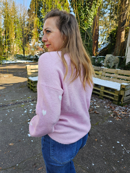 Strickpullover mit Herzen in Rosa-Weiß