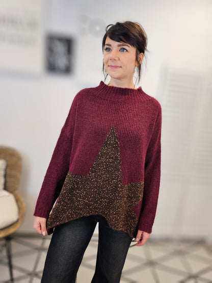 Oversize Strickpullover in Burgundy mit braunem Stern Größe 36-44