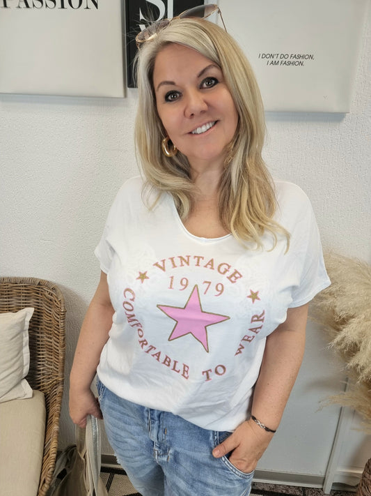 Weißes T-Shirt mit rosa glitzerndem Sternen-Print