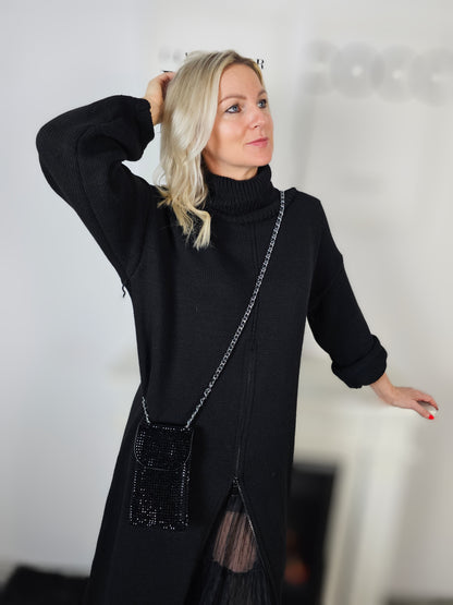 Strickkleid Lang in Schwarz mit Rollkragen und Reißverschluss