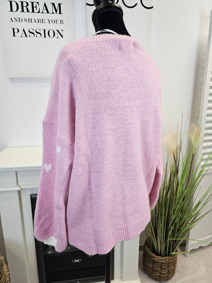 Strickpullover mit Herzen in Rosa-Weiß