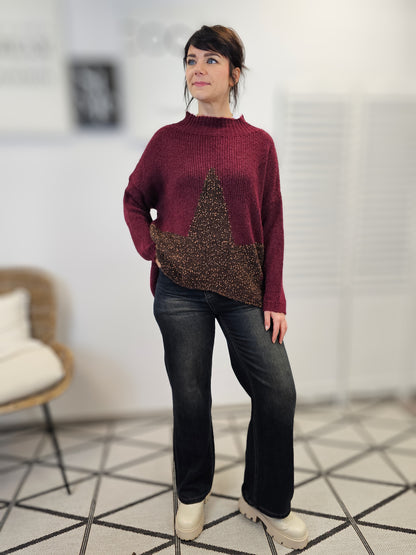 Oversize Strickpullover in Burgundy mit braunem Stern Größe 36-44