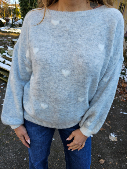 Strickpullover mit Herzen in Grau-Weiß