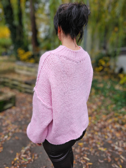 Strickpullover mit Stehkragen Kurz in Rosa Wolle