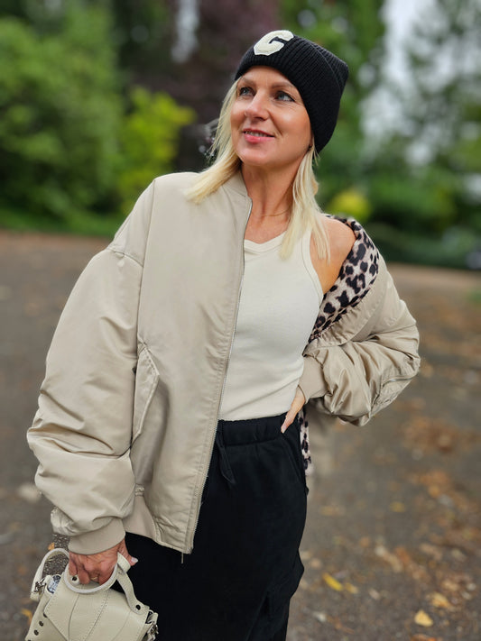 Bomberjacke Oversize Beige mit Leopard Print