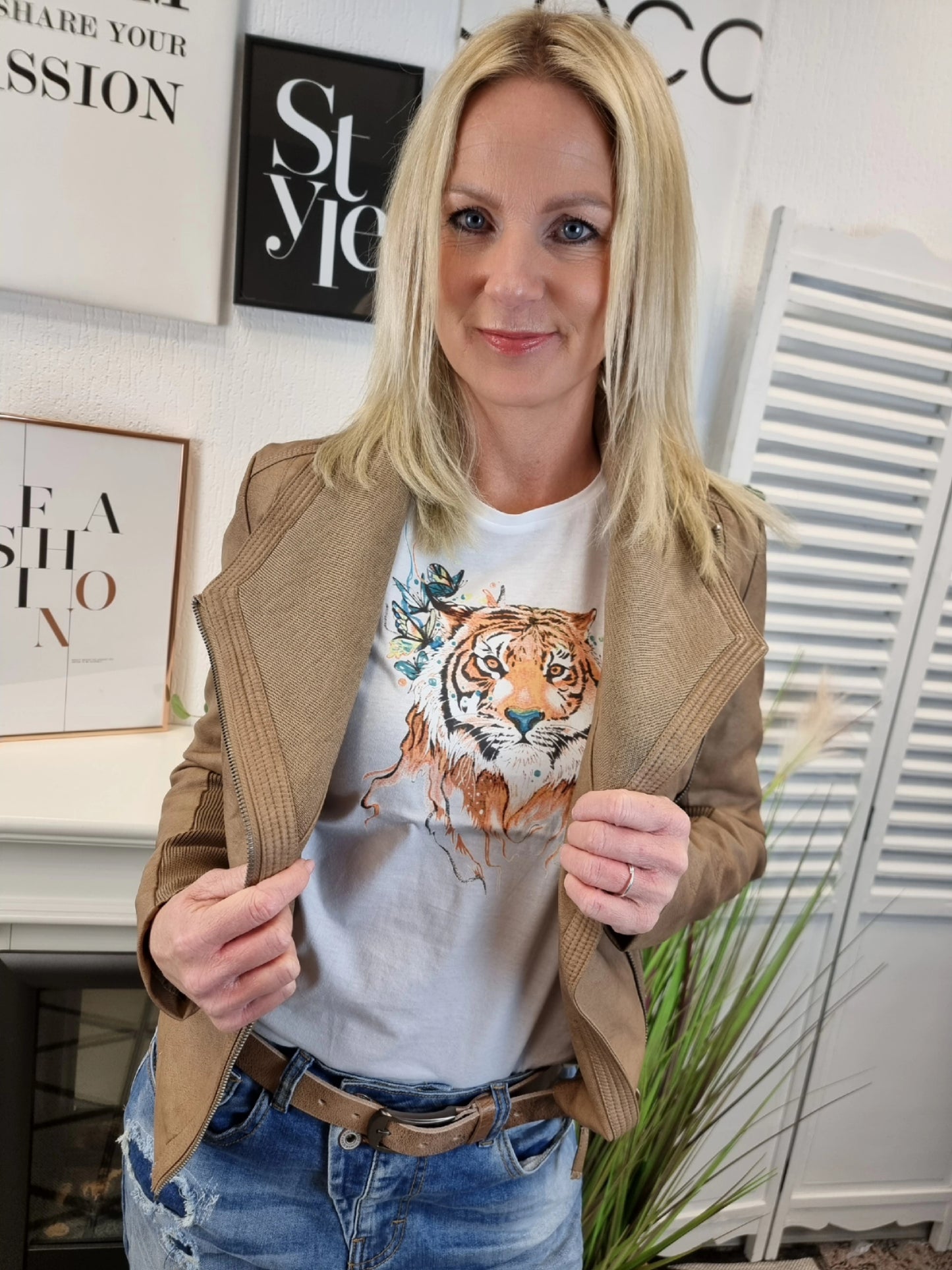 Weißes T-Shirt mit Tiger Print onesize