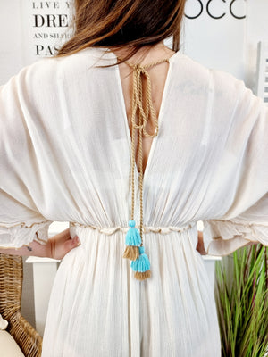 Langes Boho-Kleid mit Stickereien Natur