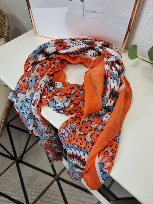 Orange-Blaues Tuch mit Quasten , Blumenprint aus Viskose