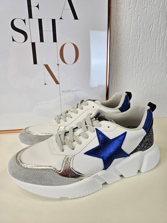 Sneaker mit blauem Stern und Glitzer - Weiß/Silber/Schwarz