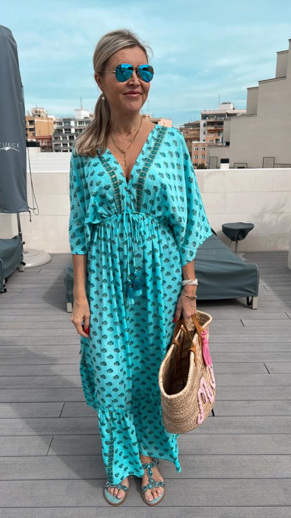 Langes Boho Seidenkleid Mintgrün und in Türkis mit Golddruck