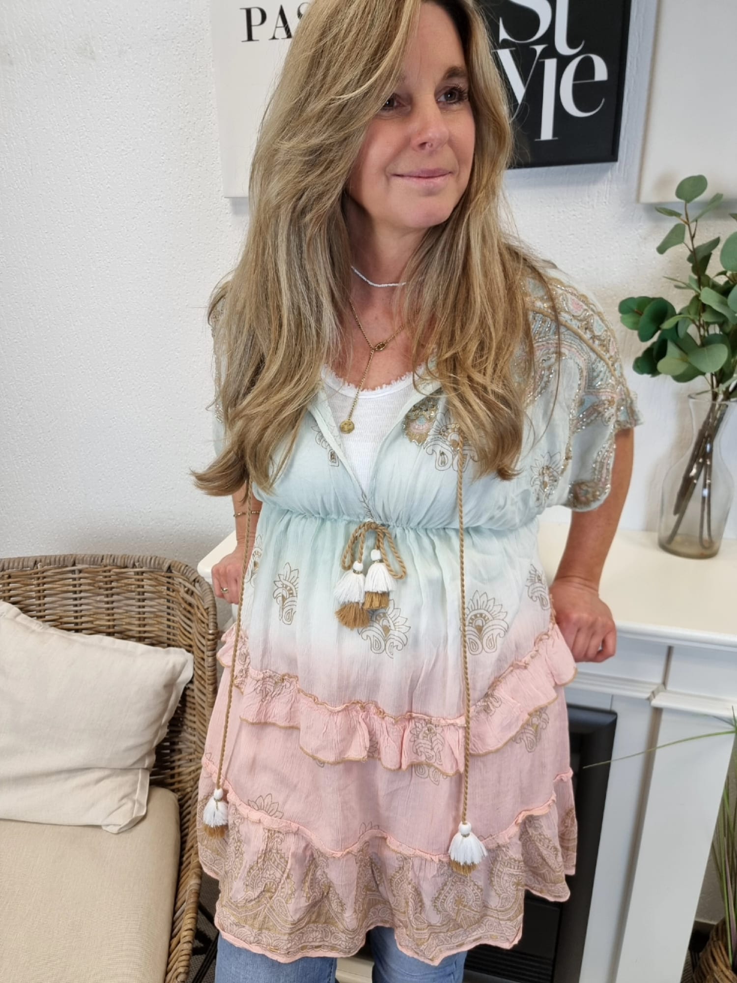 Tunika Mint-Rosa Ombre mit Perlen und Paillettendetails OneSize