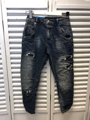 Jeans in Wasted/Destroyed-Look in Dunkelblau aus Baumwolle H1824